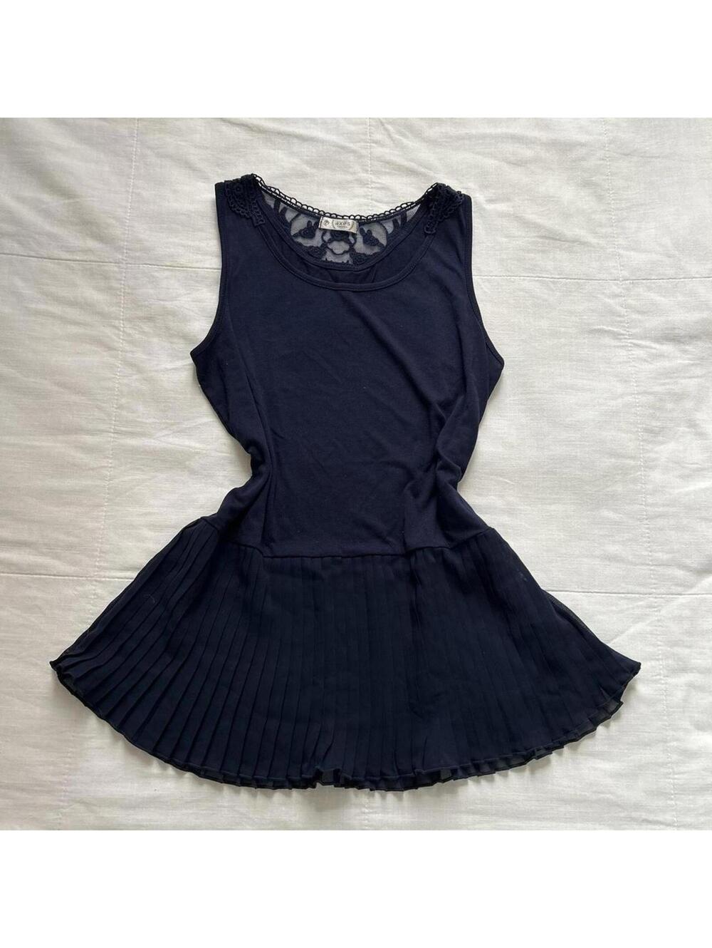 Axes Femme Navy Blue Lace Trim Babydoll Tank Pleated Hem Medium